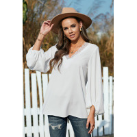 White Lace V Neck Balloon Sleeves Top