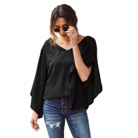 Black V-Neck Bowknot Three-Quarter Sleeve Blouse