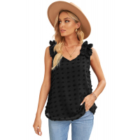 Black Swiss Dot Woven Sleeveless Top With Ruffled Straps