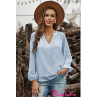 Sky Blue V Neck Lantern Sleeve Textured Solid Top