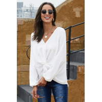 White Long Sleeve Twist Front Slit Blouse