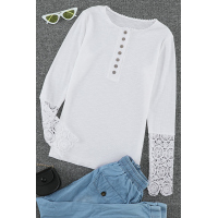 White Crochet Lace Hem Sleeve Button Top