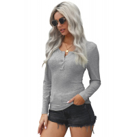 Gray Scoop Neck Buttoned Front Long Sleeve Knitted Top