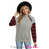 Plaid Patchwork Striped Button Long Sleeve Top