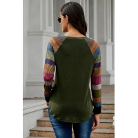 Color Block Long Sleeves Green Pullover Top