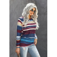 Blue Striped Tie Dye Knit Long Sleeve Top