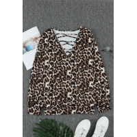 Hollow-out V Neck Leopard Blouse