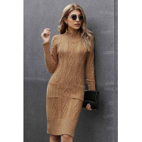 Brown High Neck Textured Bodycon Sweater Dress