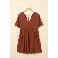 Brown Kimono Sleeve V-neck Babydoll Tiered Mini Dress