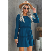 Blue Long Sleeve Ruffled Solid Swing Mini Dress