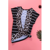 Stripe Black Leopard Printed Open Back Short Sleeve T Shirt