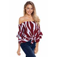 Off The Shoulder Vertical Stripes Blouse in Burgundy