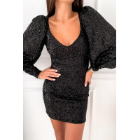 Black Metallic Puffy Sleeves Sequin Dress