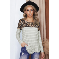 Leopard Print Splicing Apricot Striped Long Sleeve Top with Front Twist 