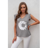 Gray V-Neck Daisy Print Casual Tank Top