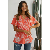 Orange Leaf Vein Floral Printed Twist Blouse