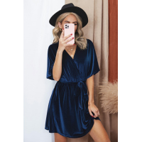 Blue V-neck Half Sleeve Velvet Mini Dress with Belt