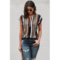 Black V Neck Stripes Roll up Short Sleeve Zip Up Blouse