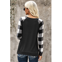 Black Plaid Splicing Sequined Pocket Long Sleeve Top