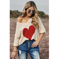 Beige V-neck Dropped Sleeve Heart Print Slouchy Top