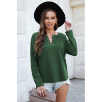 Green V Neck Washed Grommet Top