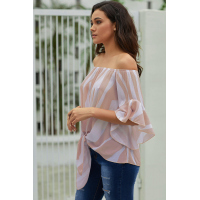 Off The Shoulder Vertical Stripes Blouse in Pink