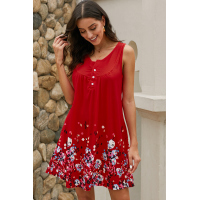 Red Crew Neck A-Line Daily Beach Floral Dress