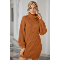 Brown Turtleneck Balloon Sleeve Sweater Dress