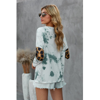 Green Tie Dye Print Leopard Splicing V Neck Long Sleeve Top