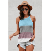 Sky Blue Color Block Striped Knit Tank Top