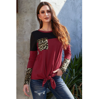 Red Color Block Splicing Leopard Printed Pocket Tie Blouse