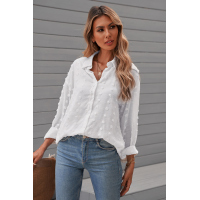 White Long Sleeve Button Fuzzy Polka Dot Shirt