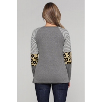 Gray Striped and Leopard Color Block Sleeves Top