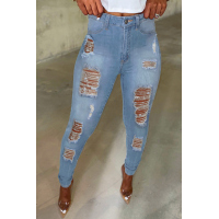 Light Blue Cut Out Distressed Ripped Pockets High Waisted Long Jeans