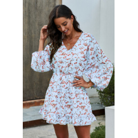 Sky Blue V Neck Lantern Sleeves Floral Tunic Dress