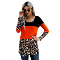 Orange Colorblock Leopard Triple Patchwork Long Sleeve Top