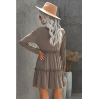 Gray Long Sleeve Ruffled Solid Swing Mini Dress