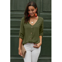 Green Button Detail Roll Up Sleeve Blouse