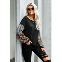 Black Leopard Striped Print Sleeve Colorblock Top