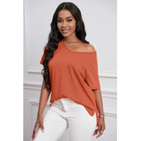 Orange V Neck Short Sleeves Cotton Blend Tee with Front Pocket and Side Slits