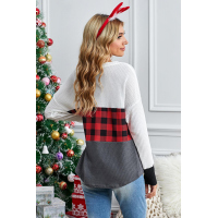 Red Plaid Color Block V Neck Long Sleeve Top