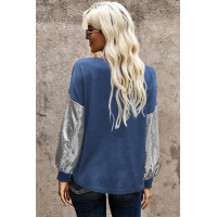 Sequin Splicing Blue V Neck Bishop Sleeves Top