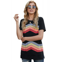 Black Colorful Wavy Stripes Print Short Sleeve Tee