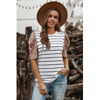 Leopard Ruffle Sleeve Striped T-shirt