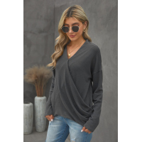 V-Neck Wrap Front Irregular Twist Hem Long Sleeve Top