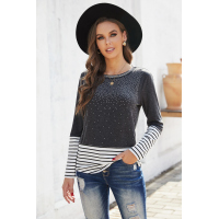 Gray Rhinestone Beading Striped Patchwork Long Sleeve Top