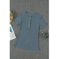 Blue Buttoned Ribbed Knit Short Sleeve Top