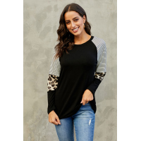 Black Striped and Leopard Color Block Sleeves Top