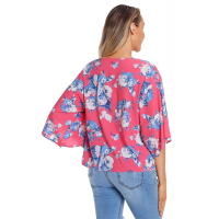 Rose Flowery Print Tie Front Kimono Sleeve Blouse