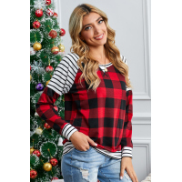 Red Buffalo Plaid Stripe Splicing Long Sleeve Top